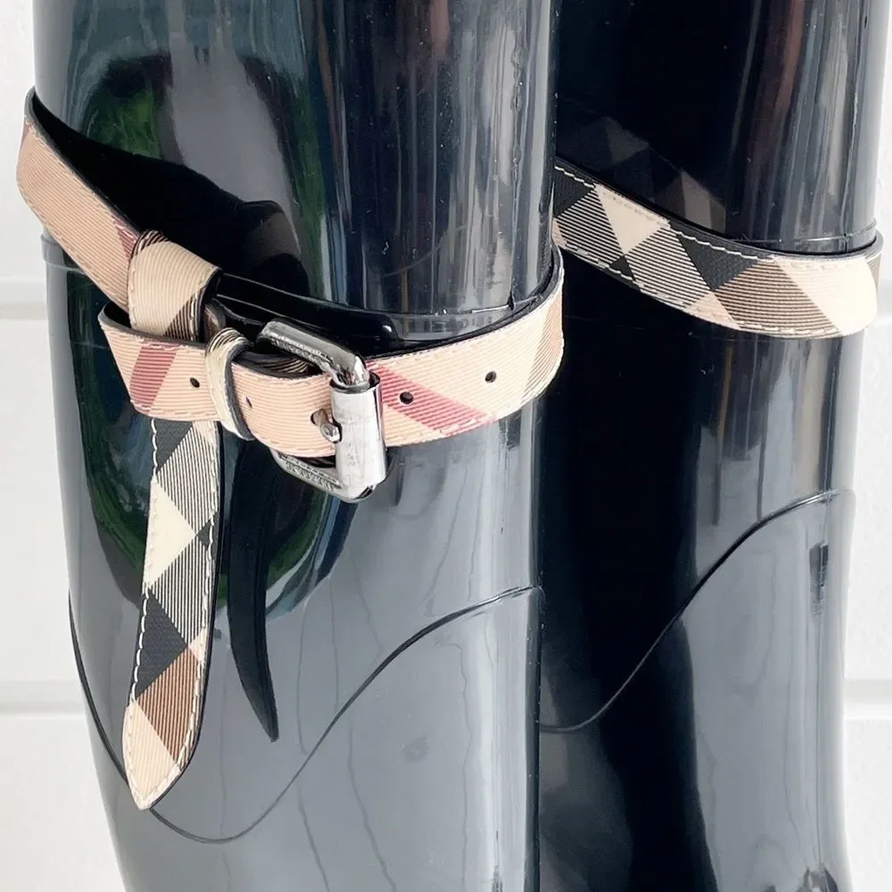 Burberry Kenyon Nova Check Belt Rain Snow Black Rubber Rain Boots Size 38/8 - Picture 8 of 14